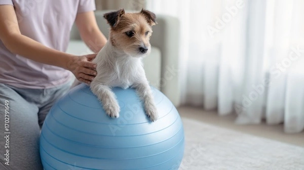 Obraz Jack Russell terrier supported by owner while balancing on blue stability ball, concept of dog physiotherapy, fitness or agility training.