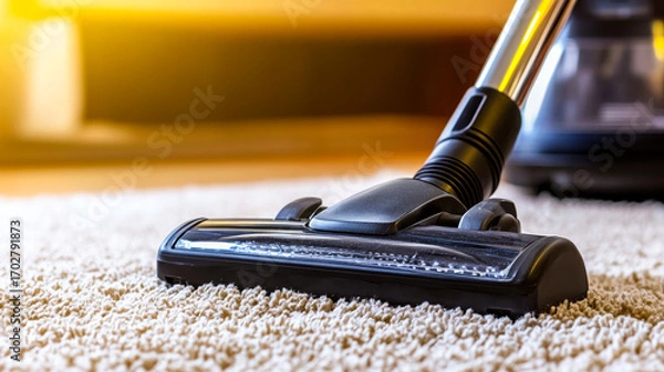 Fototapeta Vacuum cleaner on a plush carpet at home. A vacuum cleaner works on a soft carpet in a cozy living room during daylight, ensuring a clean and tidy space.