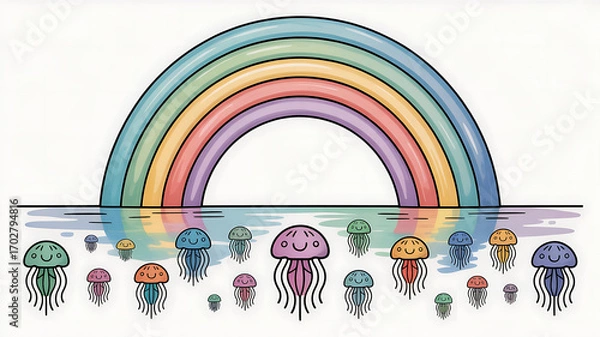 Obraz Whimsical Rainbow with Jellyfish Doodles