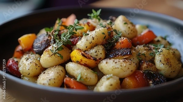 Fototapeta Close-up of a bowl filled with roasted vegetables and herbs. The dish is colorful and appetizing, perfect for a healthy meal.