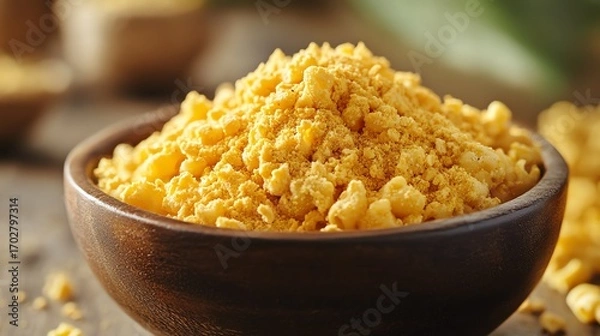 Fototapeta A wooden bowl is filled with a mound of golden, cheesy pasta. The dish is rustic and comforting.