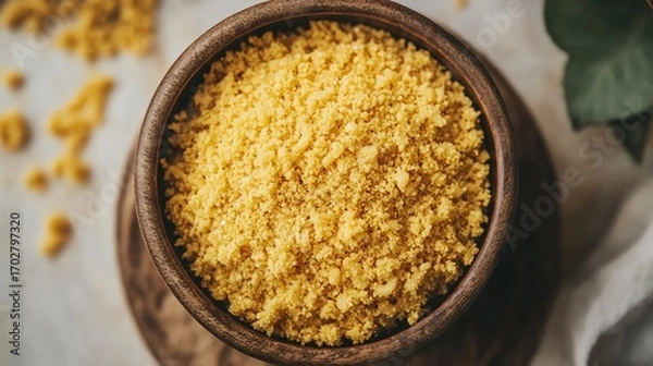 Fototapeta A wooden bowl filled with couscous, creating a warm and inviting food image. The texture is appealing, and the color is vibrant.