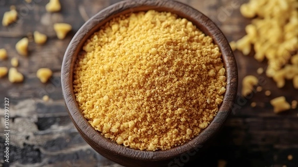 Fototapeta A wooden bowl filled with yellow, granular food. The texture is rustic and natural, perfect for culinary or ingredient-themed visuals.