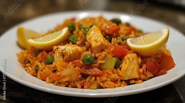 Fototapeta Savory rice dish with vegetables, tender chicken, and lemon wedges. A vibrant and flavorful meal on a white plate.