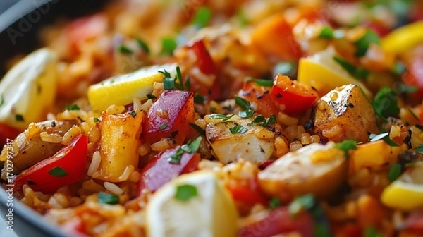 Fototapeta Delicious paella with rice, vegetables, and lemon. A vibrant and flavorful dish. Perfect for a healthy and satisfying meal.