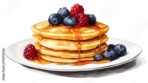 Fototapeta A stack of golden pancakes drizzled with syrup, topped with fresh blueberries and raspberries on a white plate.