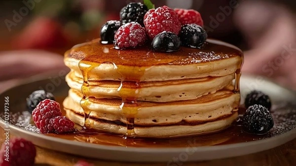 Fototapeta A stack of fluffy pancakes drizzled with syrup and topped with fresh berries. A delicious breakfast or brunch treat.