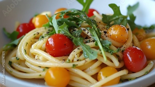 Fototapeta A vibrant pasta dish with red and yellow cherry tomatoes, topped with fresh arugula and seasoning. A delicious and colorful meal.