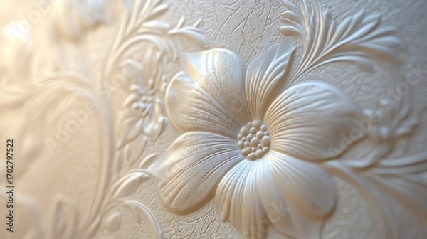 Fototapeta Elegant floral wallpaper with a textured surface. The raised flower design adds depth and sophistication.