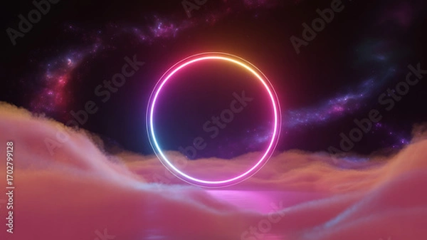 Obraz Neon Glowing Circle with Purple Clouds Cosmic Art