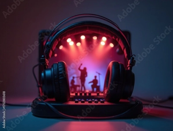 Fototapeta Headphones and mixing console creating live music on laptop with band silhouette