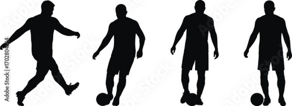 Fototapeta soccer player silhouette, football athlete poses, black outline sportsman, man with ball vector, soccer action design, shadow player illustration, team sport concept