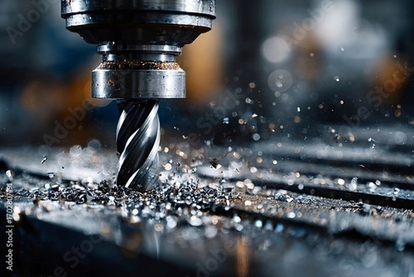 Fototapeta Metal shavings are flying as an industrial milling machine drills into a metal workpiece, showcasing precision and manufacturing processes in a workshop environment