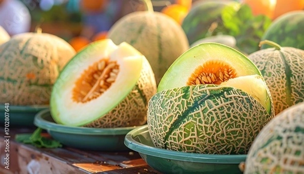 Obraz Fresh cantaloupe halves displayed