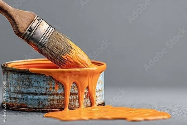 Fototapeta Orange paint dripping from a paintbrush into a rusty can, overflowing and spilling onto a gray surface, creating a vibrant and messy scene related to home improvement, painting, and diy projects