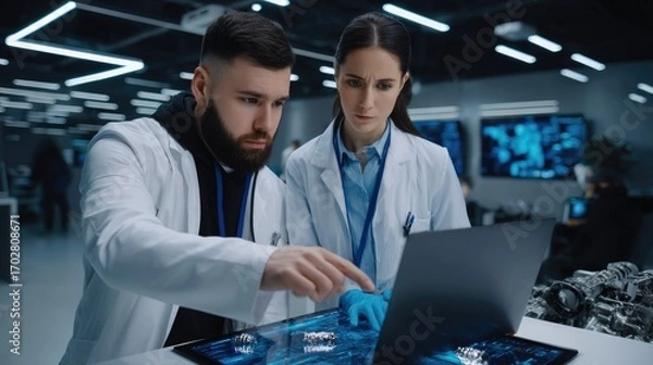 Fototapeta Two professionals in lab coats work together in a modern industrial design setting, examining information on a digital interface while engaged in a discussion