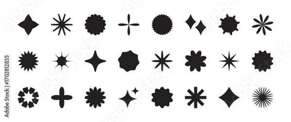 Fototapeta Star shape icon, badge star, sticker starburst. Sale price tag, retro glitter light symbol, abstract shiny element. Sparkle sticker, burst sun label isolated on white background. Vector illustration