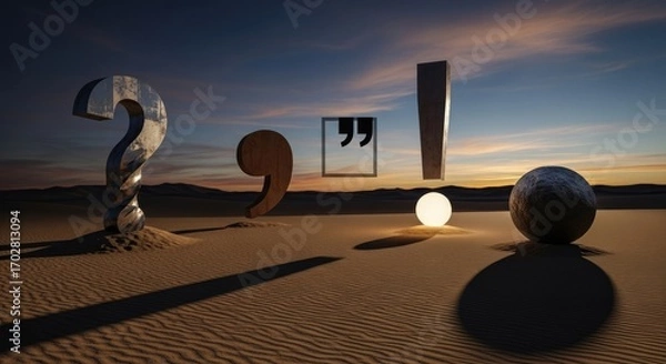 Fototapeta Punctuation symbols rise from desert sands at sunset. Question, comma, quotation, exclamation marks cast long shadows. Glowing sphere highlights writing grammar value and communication clarity.