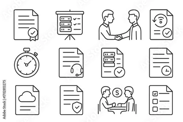 Obraz IT Service Icons. Line style icons of IT service negotiations: SLA document icon, server terms chart, IT manager handshake, uptime