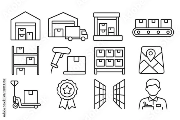 Obraz Fulfillment Center Icons. Line style icons of fulfillment centers: warehouse building icon, delivery truck at dock, loading bay