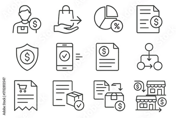 Obraz Marketplace Transaction Icons. Line style icons of marketplace transactions: seller payment icon, buyer transfer icon, platform