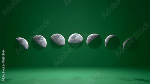 Fototapeta A sequence of moon phases against a green background, showing the lunar cycle.