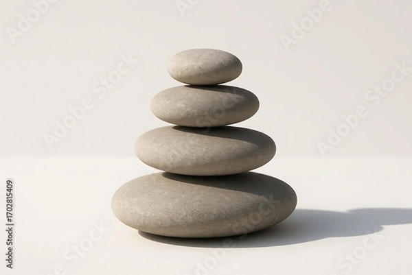 Fototapeta Zen stones stacked in balance on a white background, isolated on white background