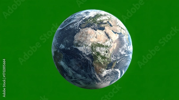 Fototapeta A realistic 3D render of planet Earth floating against a vibrant green background, showcasing continents and oceans.