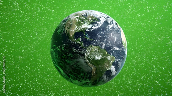 Fototapeta A vibrant image of Earth against a green backdrop, showcasing continents and swirling clouds.