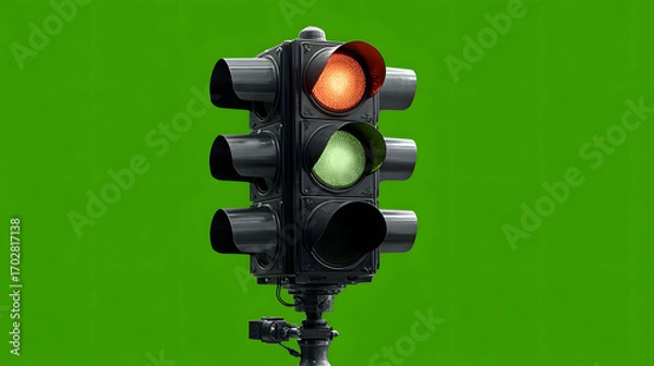 Fototapeta Vintage-style traffic light showing a red light, with a green light and a yellow light in the background.