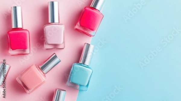 Fototapeta Colorful nail polish bottles in various shades are artistically placed on a pastel pink and blue background. This display highlights the vibrant hues and unique shapes of the bottles.