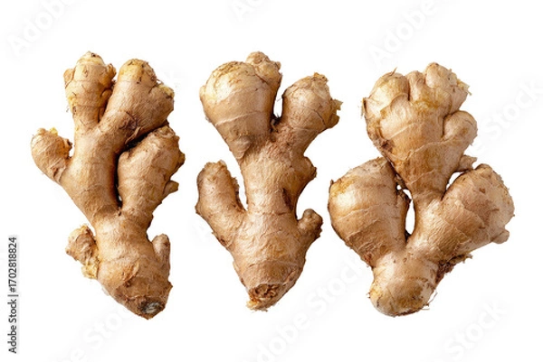 Fototapeta Three whole ginger roots, displayed top-down against a black background.  Each ginger has multiple knobby, finger-like growths.  The roots are a light tan color with subtle darker specks