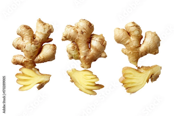 Fototapeta Three pieces of fresh ginger,  close-up,  showing root structure.  Each root is a light golden-brown color, with intricate,  branching patterns