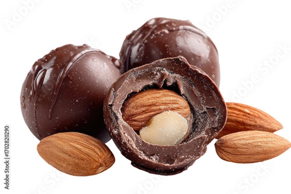 Fototapeta Dark chocolate truffles with almonds.  Close-up of three chocolate truffles, one halved to reveal an almond center.  Smooth, glossy dark chocolate coating.  Whole and broken almonds scattered around