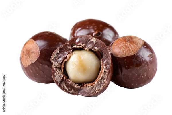 Fototapeta Close-up of three whole and one halved macadamia nuts.  Dark-brown, glossy exterior.  Creamy-white interior kernel visible.  Nuts are clustered close together