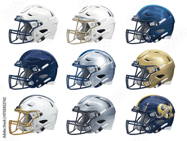 Fototapeta Nine football helmets in various colors, side profile view