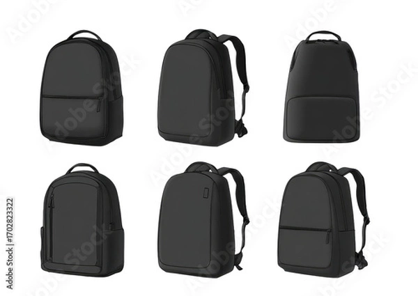 Fototapeta Six different black backpacks in various perspectives, displaying different design features