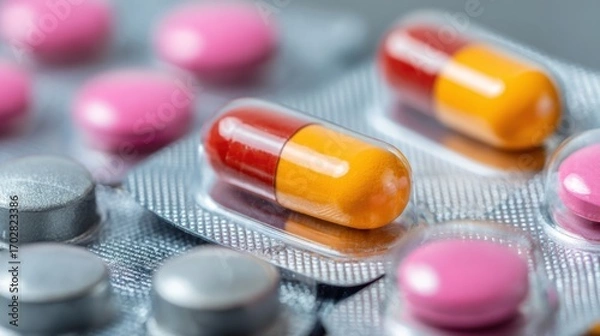 Obraz Colorful capsules and pink tablets are neatly arranged on a surface. This display is commonly found in a pharmacy, highlighting medication options for customers.
