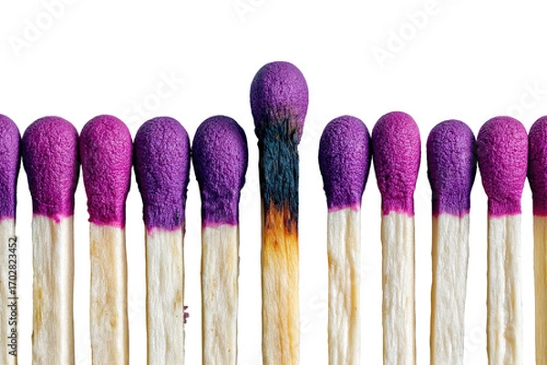 Fototapeta A single burned matchstick stands out among a row of identical purple-tipped matches