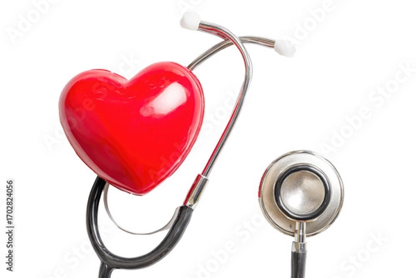 Fototapeta A red heart positioned above a stethoscope, on a black background.  The stethoscope's earpieces curve upwards, and the chest piece is visible to the lower right of the heart
