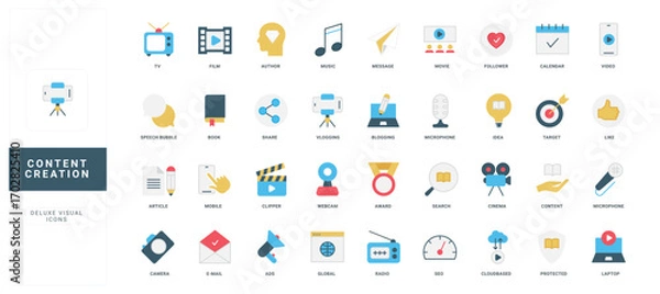 Fototapeta Content creation, creative media blog of author, copyright protection color icon set. Pencil and camera, microphone to create original content, social media publication flat vector illustration