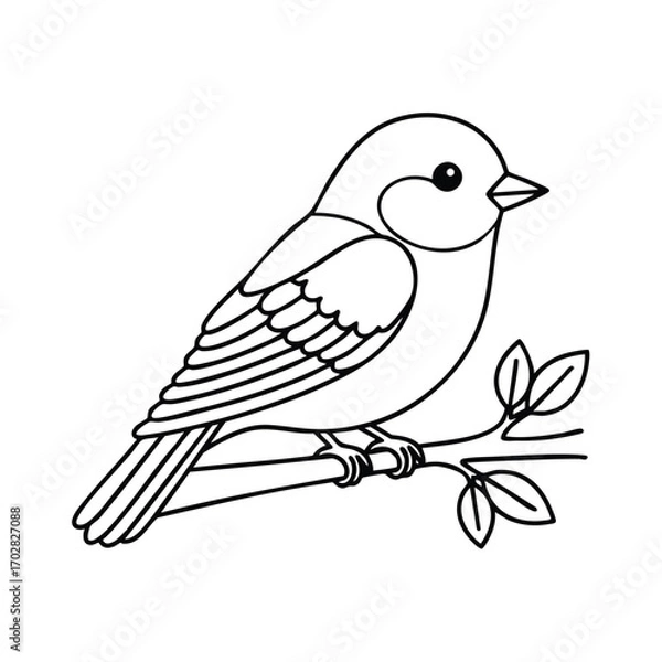 Fototapeta Black and white line drawing of a small bird perched on a leafy tree branch with detailed feathers and simple outlines