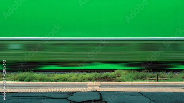 Fototapeta Motion blur of a fast-moving green train against a vibrant green background above a grassy verge and road.