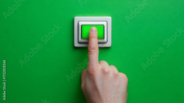 Fototapeta A close-up shot of a finger pressing a bright green button on a green wall.