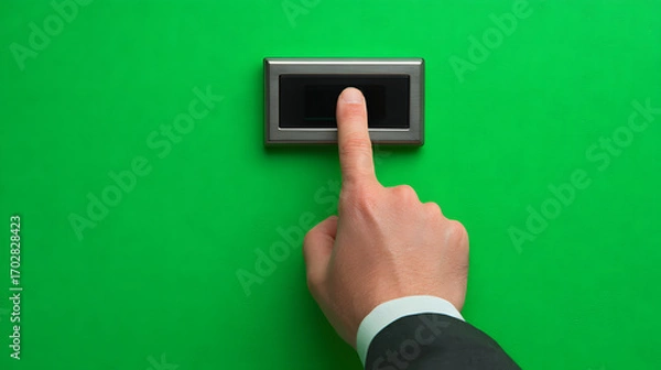 Fototapeta A man's hand with a suit cuff points a finger at a small dark rectangular screen or button on a vibrant green background.