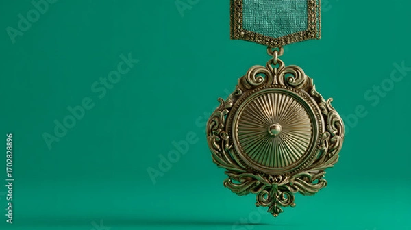 Fototapeta Ornate gold medal with a circular central design and decorative frame, hanging against a teal background.