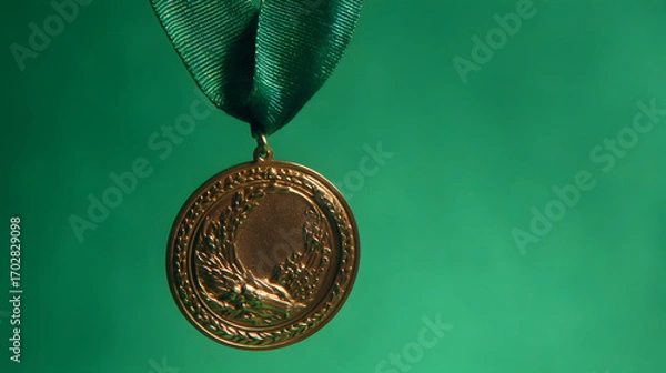 Fototapeta A close-up of a bronze medal with an embossed design hanging from a dark green ribbon against a green background.