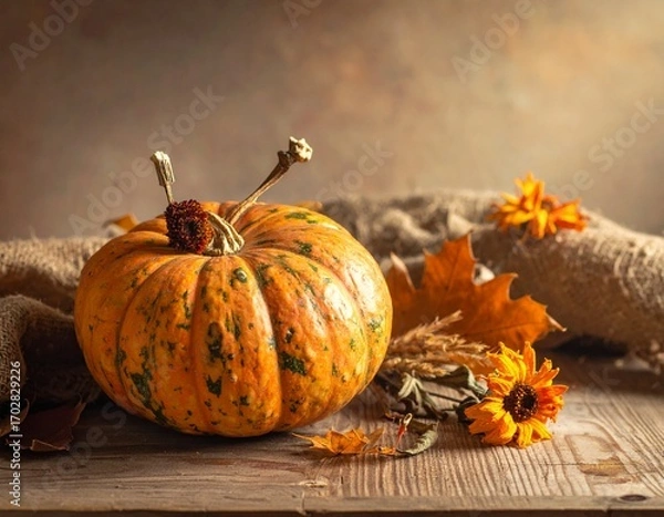 Obraz autumn still life, pumpkin and autumn leaves