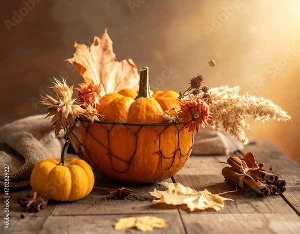 Obraz autumn still life, pumpkin and autumn leaves