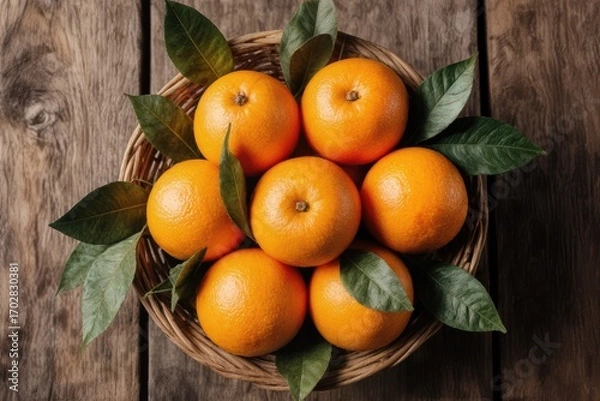 Fototapeta Tangerines (oranges, mandarins, clementines, citrus fruits) with leaves in basket on rustic wooden background, copy space